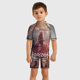 Детский купальный костюм 3D с принтом Horizon Forbidden West в городе Новоалтайск, Полиэстер 85%, Спандекс 15% | застежка на молнии на спине | aloy | guerrilla games | horizon forbidden west | hunt | zero dawn | горизонт | запретный запад | игры | нулевой рассвет | охота | элой