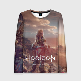 Женский лонгслив 3D с принтом Horizon Forbidden West в городе Новоалтайск, 100% полиэстер | длинные рукава, круглый вырез горловины, полуприлегающий силуэт | aloy | guerrilla games | horizon forbidden west | hunt | zero dawn | горизонт | запретный запад | игры | нулевой рассвет | охота | элой