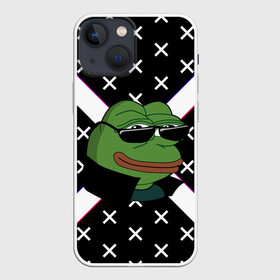Чехол для iPhone 13 mini с принтом Pepe в очках EZ в городе Новоалтайск,  |  | ez | glitch | pepe | pepe frog | pepe в очках | silvername | twitch emout | жабка в очках | крестики