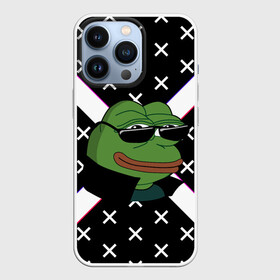 Чехол для iPhone 13 Pro с принтом Pepe в очках EZ в городе Новоалтайск,  |  | Тематика изображения на принте: ez | glitch | pepe | pepe frog | pepe в очках | silvername | twitch emout | жабка в очках | крестики