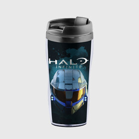 Термокружка-непроливайка с принтом Halo Infinite в городе Новоалтайск, внутренняя часть — пищевой пластик, наружная часть — прозрачный пластик, между ними — полиграфическая вставка с рисунком | объем — 350 мл, герметичная крышка | Тематика изображения на принте: fp | halo | halo infinite | master chief | microsoft | skull | игра | мастер чиф | сияние | спартанец 117 | череп | шутер
