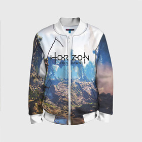 Детский бомбер 3D с принтом Horizon Zero Dawn в городе Новоалтайск, 100% полиэстер | застегивается на молнию, по бокам два кармана без застежек, мягкие манжеты, по низу бомбера и на воротнике — эластичная резинка | aloy | antasy girl | art | artwork | digital art | fantasy | horizon | horizon: zero dawn | landscape | tallneck | warrior fantasy | weapon | zero dawn