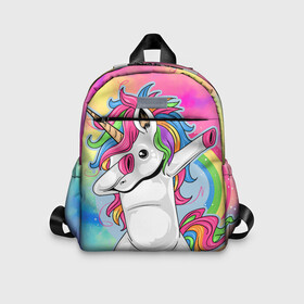 Детский рюкзак 3D с принтом UNICORN DABBING в городе Новоалтайск, 100% полиэстер | лямки с регулируемой длиной, сверху петелька, чтобы рюкзак можно было повесить на вешалку. Основное отделение закрывается на молнию, как и внешний карман. Внутри дополнительный карман. По бокам два дополнительных кармашка | Тематика изображения на принте: dabbing | unicorn | деб | единорог | радуга | танец | флекс