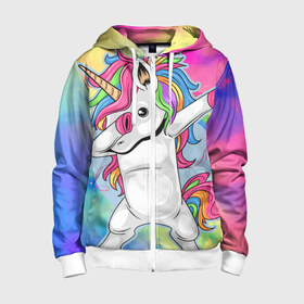 Детская толстовка 3D на молнии с принтом UNICORN DABBING в городе Новоалтайск, 100% полиэстер |  манжеты и пояс оформлены широкой мягкой резинкой, двухслойный капюшон со шнурком для регулировки, спереди карманы и застежка-молния
 | Тематика изображения на принте: dabbing | unicorn | деб | единорог | радуга | танец | флекс