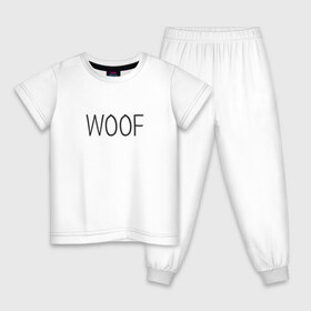 Детская пижама хлопок с принтом Woof в городе Новоалтайск, 100% хлопок |  брюки и футболка прямого кроя, без карманов, на брюках мягкая резинка на поясе и по низу штанин
 | Тематика изображения на принте: woof | животные | звери | надпись | пёс | песокафе | питомцы | собака | собаки | собачка | щенок