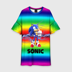 Детское платье 3D с принтом SONIC RAINBOW в городе Новоалтайск, 100% полиэстер | прямой силуэт, чуть расширенный к низу. Круглая горловина, на рукавах — воланы | Тематика изображения на принте: hedgehog | metal sonic | silver | silver the hedgehog | sonic | sonic boom | sonic the hedgehog | ёж сонник | игры | соник | фильмы