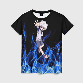 Женская футболка 3D с принтом Killua Zoldyck Blue Fire в городе Новоалтайск, 100% полиэфир ( синтетическое хлопкоподобное полотно) | прямой крой, круглый вырез горловины, длина до линии бедер | hunter  hunter | алая иллюзия | гон фрикс | курапика | леорио | молния | огонь | охотник х охотник | персонажи | последняя миссия | хантер | хантер икс хантер | хантер х хантер | хисока