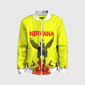 Детский бомбер 3D с принтом NIRVANA в городе Новоалтайск, 100% полиэстер | застегивается на молнию, по бокам два кармана без застежек, мягкие манжеты, по низу бомбера и на воротнике — эластичная резинка | Тематика изображения на принте: nirvana | smile | ангел | курт кобейн | нирвана | скелет | смайл | телечия мышы