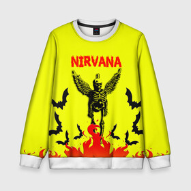 Детский свитшот 3D с принтом NIRVANA в городе Новоалтайск, 100% полиэстер | свободная посадка, прямой крой, мягкая тканевая резинка на рукавах и понизу свитшота | Тематика изображения на принте: nirvana | smile | ангел | курт кобейн | нирвана | скелет | смайл | телечия мышы