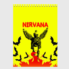 Скетчбук с принтом NIRVANA в городе Новоалтайск, 100% бумага
 | 48 листов, плотность листов — 100 г/м2, плотность картонной обложки — 250 г/м2. Листы скреплены сверху удобной пружинной спиралью | Тематика изображения на принте: nirvana | smile | ангел | курт кобейн | нирвана | скелет | смайл | телечия мышы