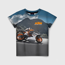 Детская футболка 3D с принтом KTM Racing team в городе Новоалтайск, 100% гипоаллергенный полиэфир | прямой крой, круглый вырез горловины, длина до линии бедер, чуть спущенное плечо, ткань немного тянется | Тематика изображения на принте: clouds | ktm | motorcycle | mountains | nature | racer | racing | route | sky | team | гонщик | горы | мотоцикл | небо | облака | природа | трасса
