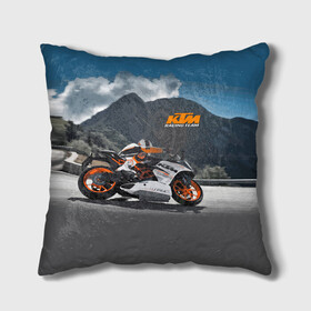 Подушка 3D с принтом KTM Racing team в городе Новоалтайск, наволочка – 100% полиэстер, наполнитель – холлофайбер (легкий наполнитель, не вызывает аллергию). | состоит из подушки и наволочки. Наволочка на молнии, легко снимается для стирки | clouds | ktm | motorcycle | mountains | nature | racer | racing | route | sky | team | гонщик | горы | мотоцикл | небо | облака | природа | трасса