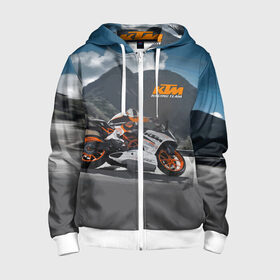 Детская толстовка 3D на молнии с принтом KTM Racing team в городе Новоалтайск, 100% полиэстер |  манжеты и пояс оформлены широкой мягкой резинкой, двухслойный капюшон со шнурком для регулировки, спереди карманы и застежка-молния
 | clouds | ktm | motorcycle | mountains | nature | racer | racing | route | sky | team | гонщик | горы | мотоцикл | небо | облака | природа | трасса