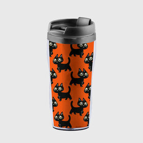 Термокружка-непроливайка с принтом HALLOWEEN CATS в городе Новоалтайск, внутренняя часть — пищевой пластик, наружная часть — прозрачный пластик, между ними — полиграфическая вставка с рисунком | объем — 350 мл, герметичная крышка | animal | cat | cute | pet | животное | кавай | киса | кот | котэ | милое | хэллоуин