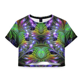 Женская футболка Crop-top 3D с принтом Неоновый цветок в городе Новоалтайск, 100% полиэстер | круглая горловина, длина футболки до линии талии, рукава с отворотами | желтый | зеленый | красный | неон | оранжевый | свет | синий | сияние | фиолетовый | яркие цвета