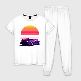 Женская пижама хлопок с принтом Retrowave в городе Новоалтайск, 100% хлопок | брюки и футболка прямого кроя, без карманов, на брюках мягкая резинка на поясе и по низу штанин | cyberpunk | lamborgini | retro | retrowave | vaporwave | wave | закат | киберпанк | лмборгини | машина | машина в закате | машина на фоне заката | ночь | ретро | ретро футуризм