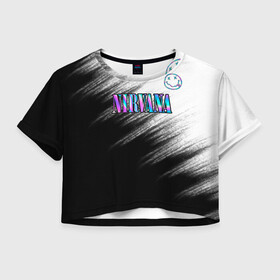 Женская футболка Crop-top 3D с принтом nirvana в городе Новоалтайск, 100% полиэстер | круглая горловина, длина футболки до линии талии, рукава с отворотами | nirvana | абстракция | брызги | градиент | звук | кино | кобейн | краска | курт | курт кобейн | музыка | неон | нирвана | полосы | потерялся | рок | рок группа | смайлик | текстура | улыбка | черно белое