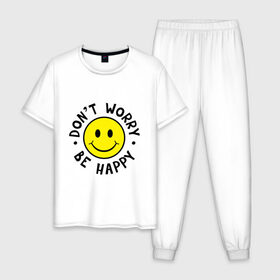 Мужская пижама хлопок с принтом DONT WORRY BE HAPPY в городе Новоалтайск, 100% хлопок | брюки и футболка прямого кроя, без карманов, на брюках мягкая резинка на поясе и по низу штанин
 | bob marley | dont worry | face | happy | jamayka | music | smile | боб марли | веселье | музыка | не парься | смайлик | счастье | цитаты