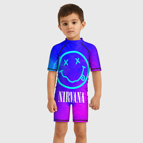 Детский купальный костюм 3D с принтом NIRVANA   НИРВАНА в городе Новоалтайск, Полиэстер 85%, Спандекс 15% | застежка на молнии на спине | band | cobain | face | kurt | logo | music | nirvana | rock | rocknroll | группа | кобейн | курт | лого | логотип | музыка | музыкальная | нирвана | рожица | рок | рокнролл | символ