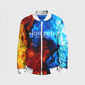 Детский бомбер 3D с принтом Horizon Zero Dawn FIRE в городе Новоалтайск, 100% полиэстер | застегивается на молнию, по бокам два кармана без застежек, мягкие манжеты, по низу бомбера и на воротнике — эластичная резинка | aloy | antasy girl | art | artwork | digital art | fantasy | horizon | horizon: zero dawn | landscape | tallneck | warrior fantasy | weapon | zero dawn