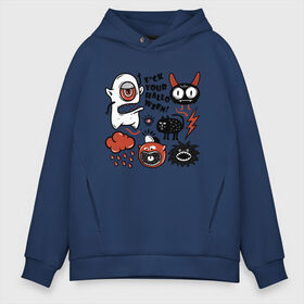 Мужское худи Oversize хлопок с принтом Halloween в городе Новоалтайск, френч-терри — 70% хлопок, 30% полиэстер. Мягкий теплый начес внутри —100% хлопок | боковые карманы, эластичные манжеты и нижняя кромка, капюшон на магнитной кнопке | blood | cat | cloud | ears | eye | face | halloween | jaw | kitten | lightning | monster | teeth | tongue | глаз | зубы | кот | котенок | кошка | кровь | лицо | молния | монстр | облако | рога | уши | хэллоуин | язык