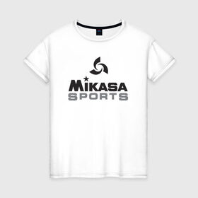 Женская футболка хлопок с принтом MIKASA SPORTS в городе Новоалтайск, 100% хлопок | прямой крой, круглый вырез горловины, длина до линии бедер, слегка спущенное плечо | beach | mikasa | voleybal | volleyball | волебол | волейбол | волейболист | волейболистка | воллейбол | микаса | пляжный