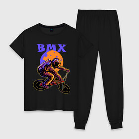 Женская пижама хлопок с принтом BMX в городе Новоалтайск, 100% хлопок | брюки и футболка прямого кроя, без карманов, на брюках мягкая резинка на поясе и по низу штанин | bicycle | cosmonaut | cosmos | drive | extreme | moon | space | spacesuit | велосипед | космонавт | космос | луна | скафандр | экстрим