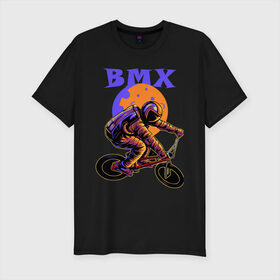 Мужская футболка хлопок Slim с принтом BMX в городе Новоалтайск, 92% хлопок, 8% лайкра | приталенный силуэт, круглый вырез ворота, длина до линии бедра, короткий рукав | bicycle | cosmonaut | cosmos | drive | extreme | moon | space | spacesuit | велосипед | космонавт | космос | луна | скафандр | экстрим