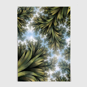 Постер с принтом Зеленые листья в городе Новоалтайск, 100% бумага
 | бумага, плотность 150 мг. Матовая, но за счет высокого коэффициента гладкости имеет небольшой блеск и дает на свету блики, но в отличии от глянцевой бумаги не покрыта лаком | абстракция | голубое | зеленые листья | листья | небо