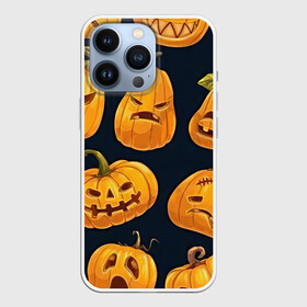 Чехол для iPhone 13 Pro с принтом Праздничные тыквы в городе Новоалтайск,  |  | Тематика изображения на принте: арт | вырезанное лицо | вырезанные лица | вырезанные морды | лица | морды | оранжевый | рисунок | тёмный | тыква | тыквы | черный