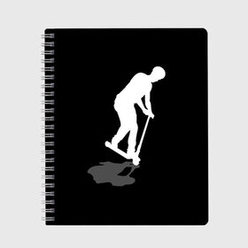Тетрадь с принтом Самокат трюковой MANUAL в городе Новоалтайск, 100% бумага | 48 листов, плотность листов — 60 г/м2, плотность картонной обложки — 250 г/м2. Листы скреплены сбоку удобной пружинной спиралью. Уголки страниц и обложки скругленные. Цвет линий — светло-серый
 | freestyle scooter | prorider | scooter | skatepark | street scooter | stunt | stunt scooter | прорайдер | райдер | самокат | самокат фристайл | скутер | скутерист | стрит | трюк | трюковой самокат | трюковый самокат | фристайл | хипстер