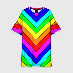 Детское платье 3D с принтом Rainbow Stripes в городе Новоалтайск, 100% полиэстер | прямой силуэт, чуть расширенный к низу. Круглая горловина, на рукавах — воланы | geometry | gradient | neon | геометрические | градиент | детям | кислота | кислотный | конус | красочный | линии | неоновые | пирамида | полоска | полосы | радуга | радужный | разноцветные | сочный | треугольники