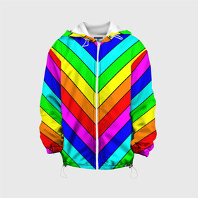 Детская куртка 3D с принтом Rainbow Stripes в городе Новоалтайск, 100% полиэстер | застежка — молния, подол и капюшон оформлены резинкой с фиксаторами, по бокам — два кармана без застежек, один потайной карман на груди, плотность верхнего слоя — 90 г/м2; плотность флисового подклада — 260 г/м2 | Тематика изображения на принте: geometry | gradient | neon | геометрические | градиент | детям | кислота | кислотный | конус | красочный | линии | неоновые | пирамида | полоска | полосы | радуга | радужный | разноцветные | сочный | треугольники