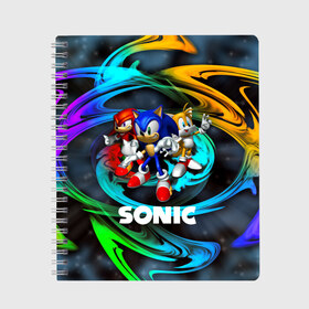 Тетрадь с принтом SONIC TRIO в городе Новоалтайск, 100% бумага | 48 листов, плотность листов — 60 г/м2, плотность картонной обложки — 250 г/м2. Листы скреплены сбоку удобной пружинной спиралью. Уголки страниц и обложки скругленные. Цвет линий — светло-серый
 | Тематика изображения на принте: hedgehog | metal sonic | silver | silver the hedgehog | sonic | sonic boom | sonic the hedgehog | ёж сонник | игры | соник | фильмы