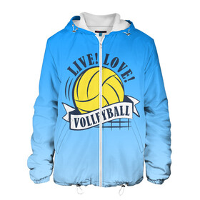 Мужская куртка 3D с принтом LIVE! LOVE! VOLLEYBALL! в городе Новоалтайск, ткань верха — 100% полиэстер, подклад — флис | прямой крой, подол и капюшон оформлены резинкой с фиксаторами, два кармана без застежек по бокам, один большой потайной карман на груди. Карман на груди застегивается на липучку | beach | live | love | voleybal | volleyball | волебол | волейбол | волейболист | волейболистка | воллейбол | пляжный | я люблю
