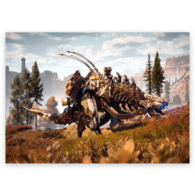 Поздравительная открытка с принтом Horizon Zero Dawn в городе Новоалтайск, 100% бумага | плотность бумаги 280 г/м2, матовая, на обратной стороне линовка и место для марки
 | Тематика изображения на принте: aloy | antasy girl | art | artwork | digital art | fantasy | horizon | horizon: zero dawn | landscape | tallneck | warrior fantasy | weapon | zero dawn