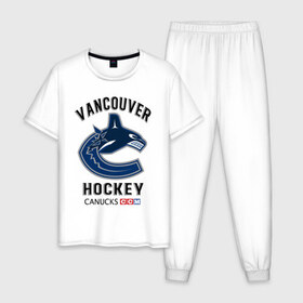 Мужская пижама хлопок с принтом VANCOUVER CANUCKS NHL в городе Новоалтайск, 100% хлопок | брюки и футболка прямого кроя, без карманов, на брюках мягкая резинка на поясе и по низу штанин
 | Тематика изображения на принте: canada | canucks | hockey | nhl | sport | usa | vancouver | акула | ванкувер | канада | кэнакс | логотип | нхл | спорт | хоккей | челюсти