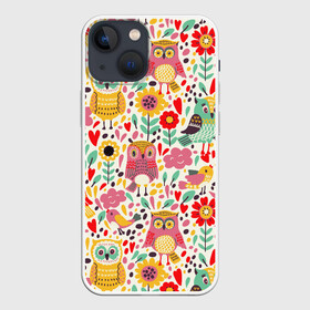Чехол для iPhone 13 mini с принтом Красочные совы и цветы в городе Новоалтайск,  |  | autumn | cute | flowers | spring | summer | весна | воробей | лепестки | лето | маки | милота | милые | облака | облачка | осень | поле | природа | птичка | птички | ромашки | сердечки | синица | синичка | сова | совушки