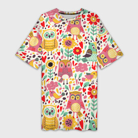 Платье-футболка 3D Красочные совы и цветы: в городе Новоалтайск, | | autumn | cute | flowers | spring | summer | весна | воробей | лепестки | лето | маки | милота | милые | облака | облачка | осень | поле | природа | птичка | птички | ромашки | сердечки | синица | синичка | сова | совушки
