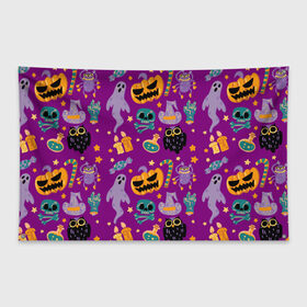Флаг-баннер с принтом Happy Halloween в городе Новоалтайск, 100% полиэстер | размер 67 х 109 см, плотность ткани — 95 г/м2; по краям флага есть четыре люверса для крепления | bones | candle | candy | fangs | flask | ghost | hand | hat | jaw | owl | pumpkin | skull | star | звезда | клыки | колба | конфета | кости | пасть | призрак | рука | свеча | сова | череп | шляпа