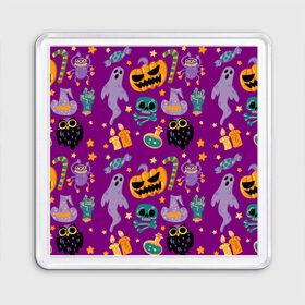 Магнит 55*55 с принтом Happy Halloween в городе Новоалтайск, Пластик | Размер: 65*65 мм; Размер печати: 55*55 мм | bones | candle | candy | fangs | flask | ghost | hand | hat | jaw | owl | pumpkin | skull | star | звезда | клыки | колба | конфета | кости | пасть | призрак | рука | свеча | сова | череп | шляпа