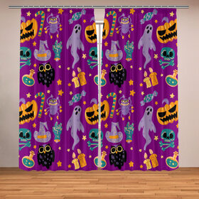 Фотошторы с принтом Happy Halloween в городе Новоалтайск, Блэкаут (светозащита 90%) / Габардин (светозащита 40% | 2 полотна шириной по 145 см; Высота 200-300 см; Крепление: шторная лента (на крючки); | bones | candle | candy | fangs | flask | ghost | hand | hat | jaw | owl | pumpkin | skull | star | звезда | клыки | колба | конфета | кости | пасть | призрак | рука | свеча | сова | череп | шляпа