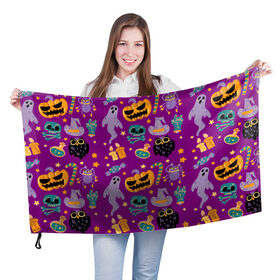Флаг 3D с принтом Happy Halloween в городе Новоалтайск, 100% полиэстер | плотность ткани — 95 г/м2, размер — 67 х 109 см. Принт наносится с одной стороны | bones | candle | candy | fangs | flask | ghost | hand | hat | jaw | owl | pumpkin | skull | star | звезда | клыки | колба | конфета | кости | пасть | призрак | рука | свеча | сова | череп | шляпа