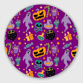 Коврик для мышки круглый с принтом Happy Halloween в городе Новоалтайск, резина и полиэстер | круглая форма, изображение наносится на всю лицевую часть | bones | candle | candy | fangs | flask | ghost | hand | hat | jaw | owl | pumpkin | skull | star | звезда | клыки | колба | конфета | кости | пасть | призрак | рука | свеча | сова | череп | шляпа