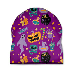 Шапка 3D с принтом Happy Halloween в городе Новоалтайск, 100% полиэстер | универсальный размер, печать по всей поверхности изделия | bones | candle | candy | fangs | flask | ghost | hand | hat | jaw | owl | pumpkin | skull | star | звезда | клыки | колба | конфета | кости | пасть | призрак | рука | свеча | сова | череп | шляпа