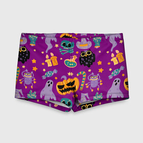 Детские купальные плавки 3D с принтом Happy Halloween в городе Новоалтайск, Полиэстер 85%, Спандекс 15% | Слитный крой, подклад по переду изделия, узкие бретели | bones | candle | candy | fangs | flask | ghost | hand | hat | jaw | owl | pumpkin | skull | star | звезда | клыки | колба | конфета | кости | пасть | призрак | рука | свеча | сова | череп | шляпа