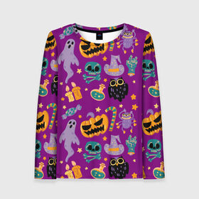 Женский лонгслив 3D с принтом Happy Halloween в городе Новоалтайск, 100% полиэстер | длинные рукава, круглый вырез горловины, полуприлегающий силуэт | bones | candle | candy | fangs | flask | ghost | hand | hat | jaw | owl | pumpkin | skull | star | звезда | клыки | колба | конфета | кости | пасть | призрак | рука | свеча | сова | череп | шляпа