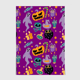 Постер с принтом Happy Halloween в городе Новоалтайск, 100% бумага
 | бумага, плотность 150 мг. Матовая, но за счет высокого коэффициента гладкости имеет небольшой блеск и дает на свету блики, но в отличии от глянцевой бумаги не покрыта лаком | bones | candle | candy | fangs | flask | ghost | hand | hat | jaw | owl | pumpkin | skull | star | звезда | клыки | колба | конфета | кости | пасть | призрак | рука | свеча | сова | череп | шляпа