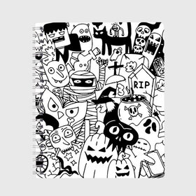Тетрадь с принтом Halloween в городе Новоалтайск, 100% бумага | 48 листов, плотность листов — 60 г/м2, плотность картонной обложки — 250 г/м2. Листы скреплены сбоку удобной пружинной спиралью. Уголки страниц и обложки скругленные. Цвет линий — светло-серый
 | Тематика изображения на принте: fanfs | halloween | jaw | mummy | pumpkin | skull | tomb | клыки | могила | мумия | пасть | тыква | хэллоуин | череп
