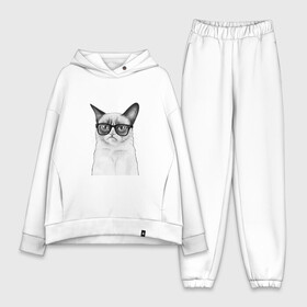 Женский костюм хлопок Oversize с принтом Кот хипстер в городе Новоалтайск,  |  | grumpy cat | арт | кот | кошка | очки | рисунок | хипстер | черный | чёрный белый